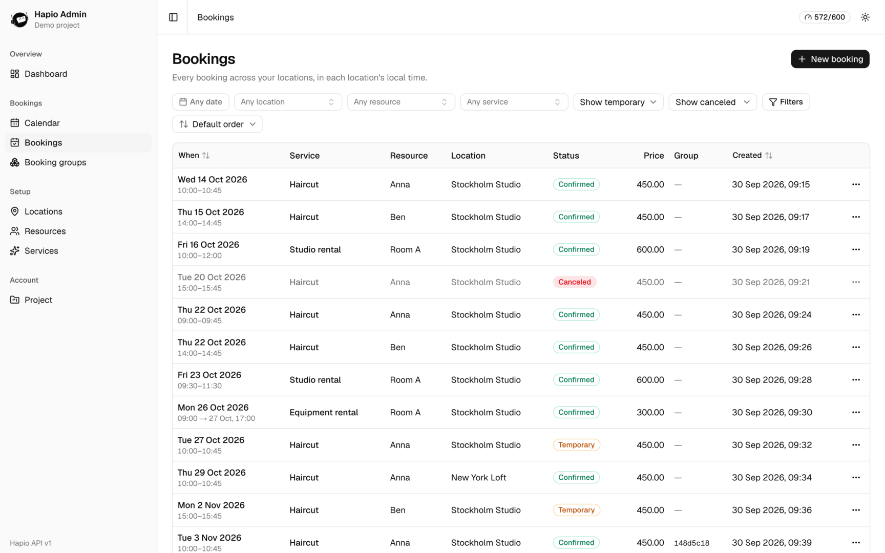 The bookings list with filters for date range, location, resource and service